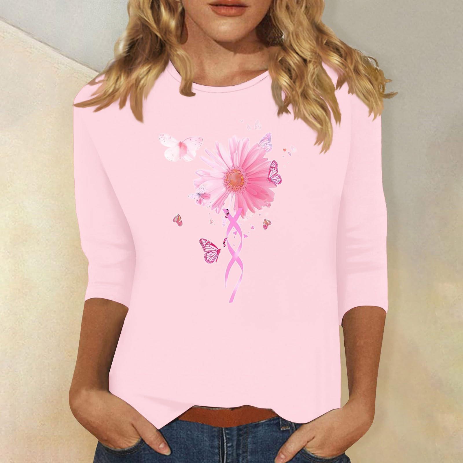 

Жіноча модна повсякденна футболка з принтом і круглим вирізом з рукавами сім чвертей L рожевий