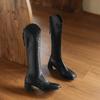 Krazing Pot PU Autumn Winter Shoes Riding Boots Square Toe Keep Warm Zipper Size 43 Handsome Knee Boots
