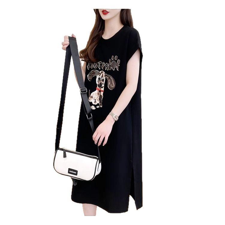 Damen Sommer Koreanische Version von Loose Cartoon Dog Letter Kurzarm T-Shirt Mode Lazy Long Dress