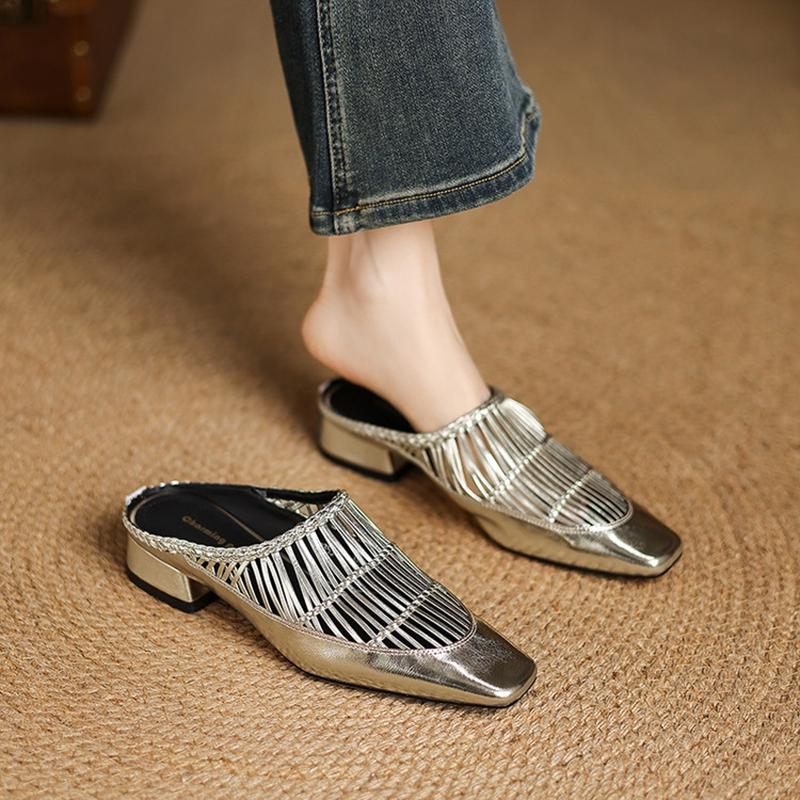 Fashion NEW Summer Women Mules Split Leather Shoes Women Square Toe Chunky Heel Shoes Cover Toe Slingback Sandals Weave Modern Slippers