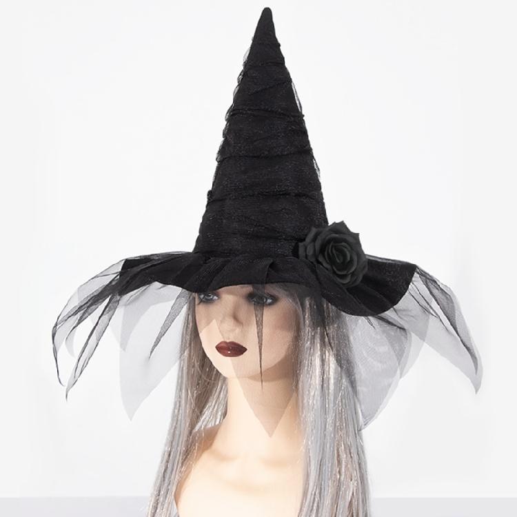 Dark Series Witch Caps Wizard Hat Cosplay Party Headwear Halloween Costume Hat Carnivals Party Pointed Hat with Flower