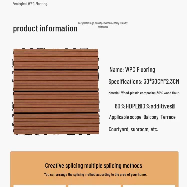 Anti-Corrosion Interlocking Wood-Plastic Outdoor Flooring for Balcony, Terrace, and Courtyard Renovation
