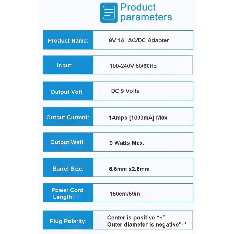 Блок питания 9В 1А, 100-240В AC в DC 9В 1000мА 0.85А 0.5А 250мА Адаптер с разъемом 5.5x2.5мм, положительная центральная жила, Черный