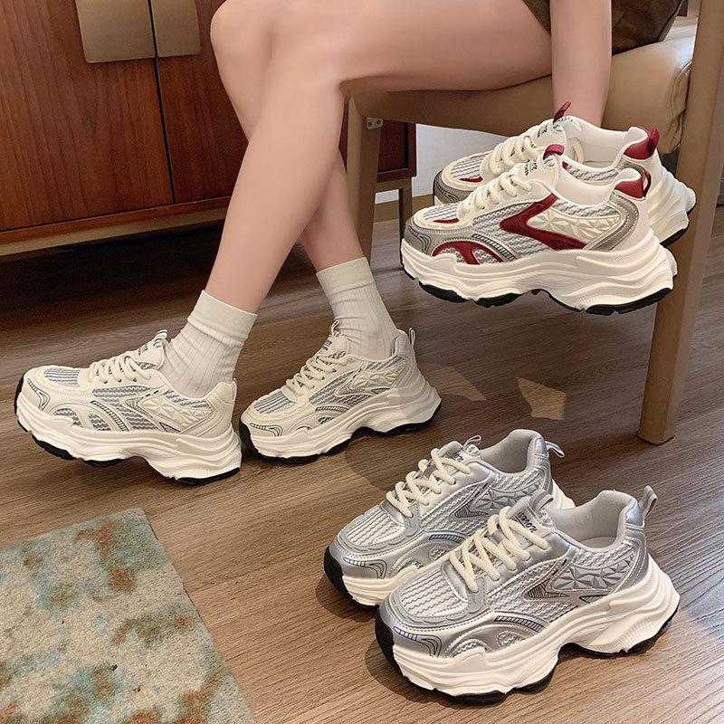 Fried street thick-soled breathable silver sneakers spring and autumn new dad shoes women's height increase versatile casual shoes
