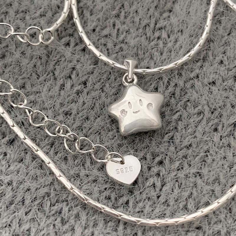 925 Silver Necklace Cute Five Pointed Star Smile Dimple Pendant for Women Girl Jewelry Gift