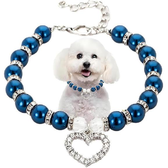 Hot Pink Pearl Dog Necklace, Beaded Cat Collar with Cute Crystal Heart Pendants Girl Dogs Necklace with Diamond Rhinestone for Puppy Small Medium