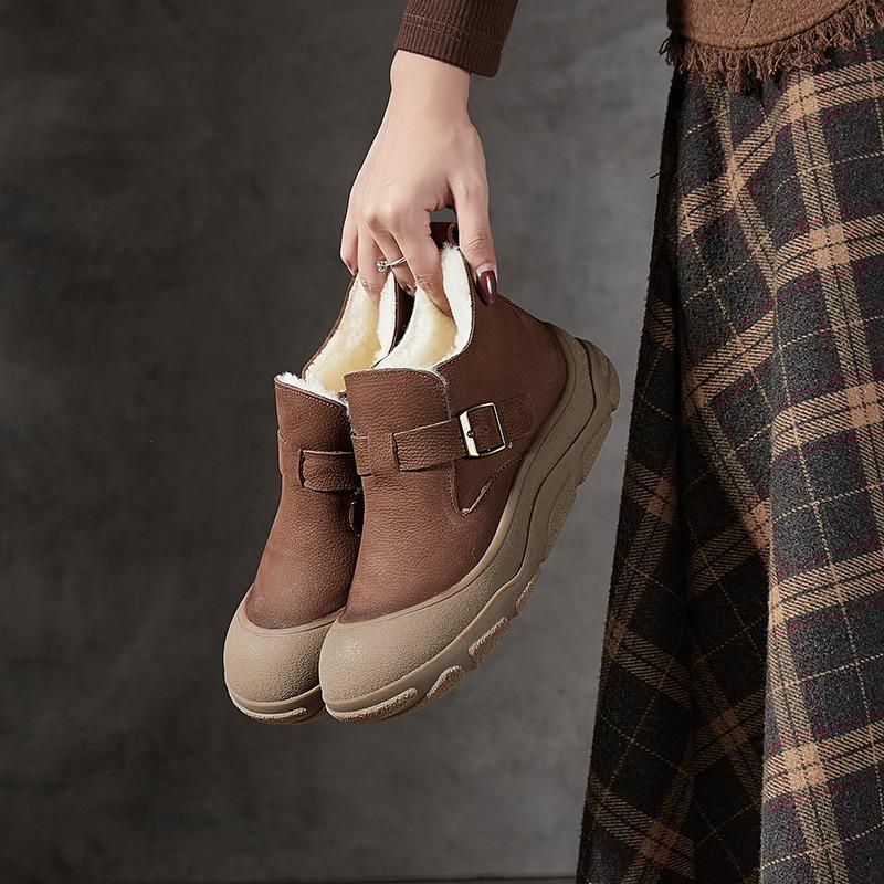 Zapatos de Invierno Mujer Botas de Nieve Suela Gruesa Cálido Felpa de Lana Cuero Genuino Exterior Vintage Botines Cortos Botines al Tobillo para Señora