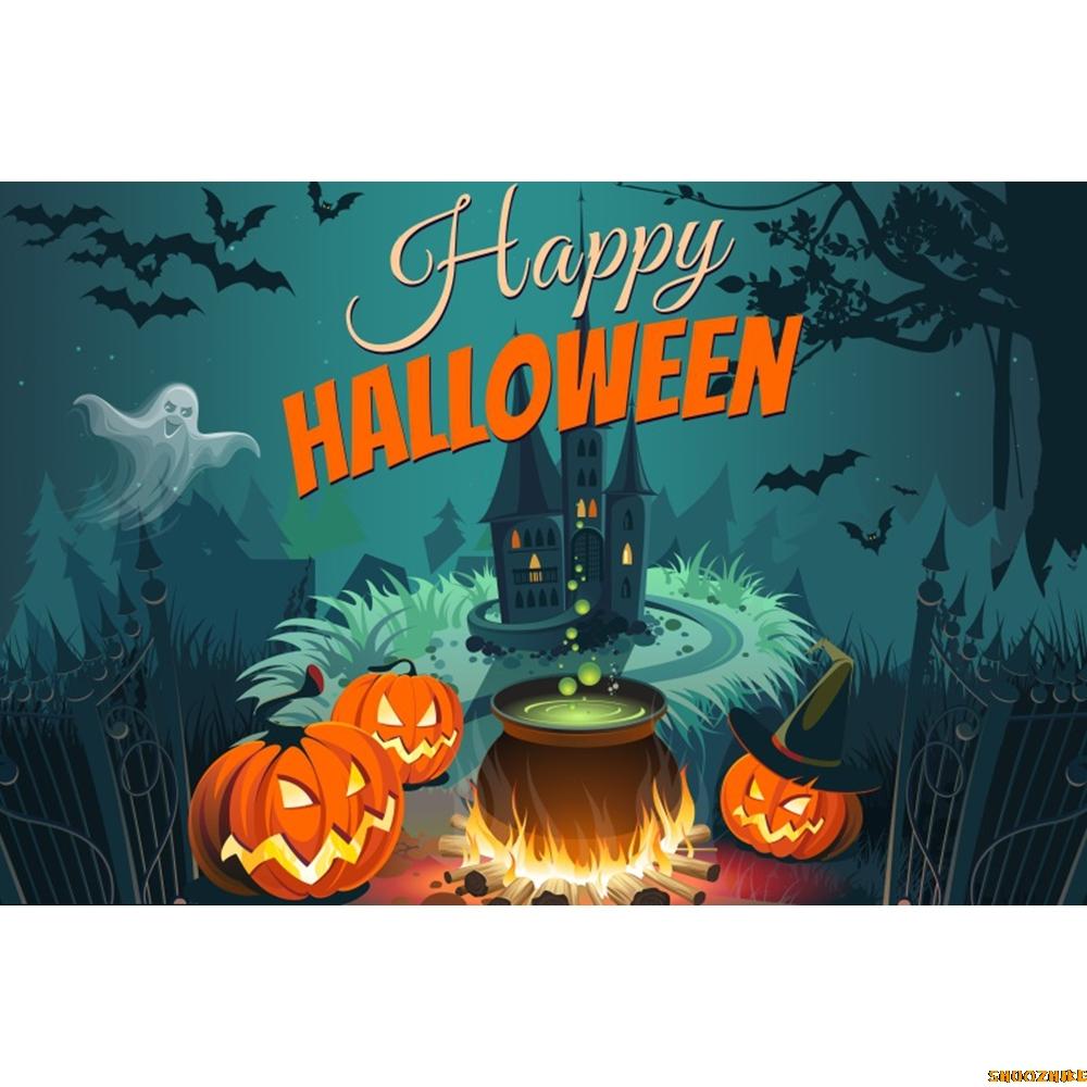 1pc Cute Happy Halloween Party Backdrop Night Moon Ghost Castle Pumpkin Washable Banner for Halloween Themed Party Decoration