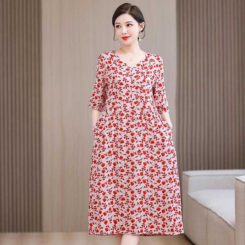 

2024 Korean Style Floral Cotton & Rayon Dress: Women s Mid-Length Summer Fashion 4XL