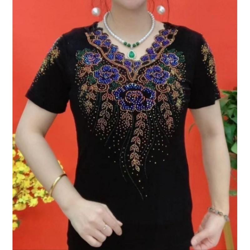 Women's Summer Hot Diamond V-neck Short Sleeved High Elasticity Slim Fit Temperament Base Shirt, Slimming and Casual Plus Size T-shirt