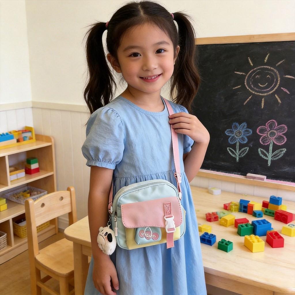 Child Cartoon Nylon Small Handbag With Splicing Design For Kindergarten Girls