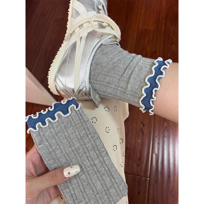 New Spring Autumn Korean Ins Socks Fashion Retro Sweet Color-blocking Lace Mid-Calf Socks Cute Slouch Stackable Socks for Women