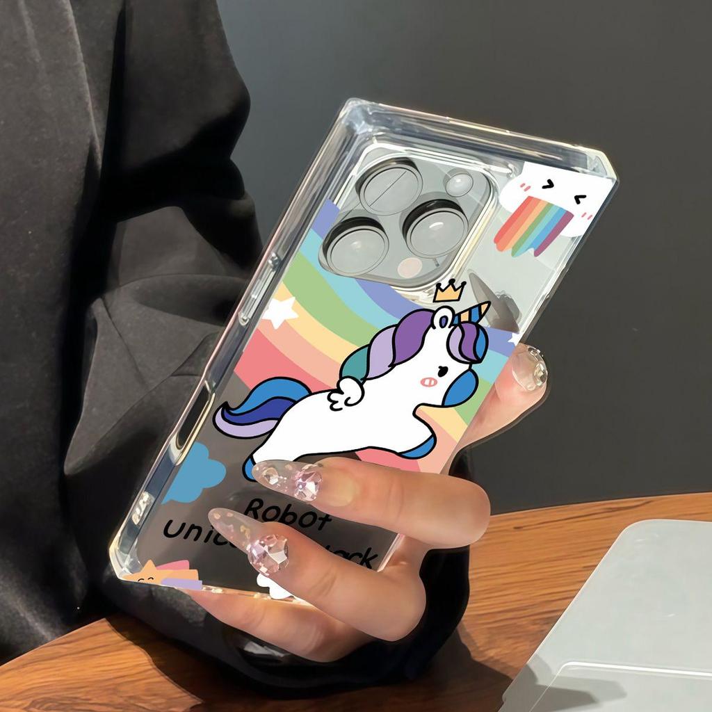 Clear Square Back Tube Case Protection For iPhone 15 Plus 14 Pro Max 11 12 16 ProMax 13 Anti-Oxygen,Colorful Unicorn Pattern Casing