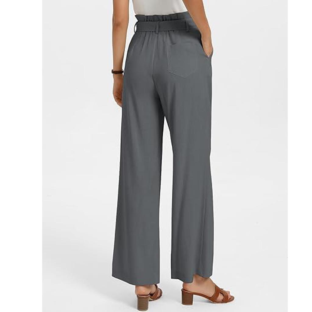 Women Elastic High Waist Pant Casual Fit Wide Leg Long Pants Trousers With Pockets