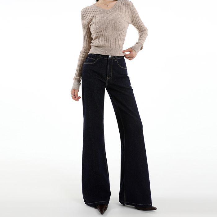 Retro non-stick leg slightly pulled jeans women's autumn and winter new high-waisted elastic loose and thin flared pants