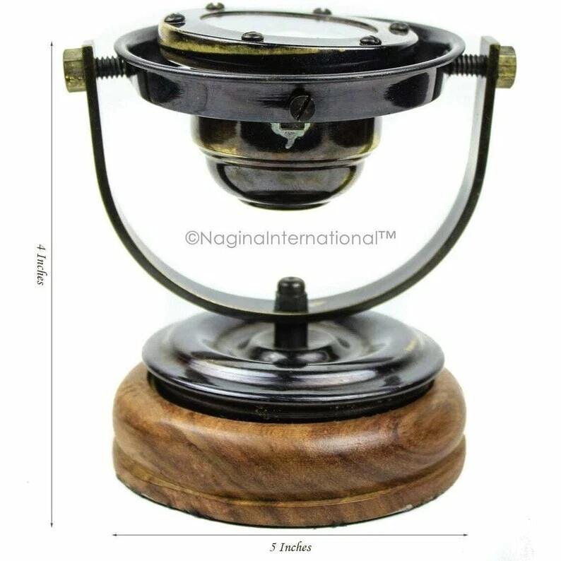 

Antique brass vintage nautical binnacle gimballed black compass wooden base home