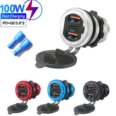 12V/24V Dual USB Car Charger Socket PD3.0 & QC3.0 Type-c Ports Waterproof with LED Touch Switch Fast Charging Car Moto Adapter