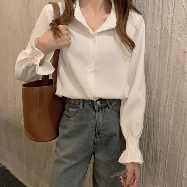 WTEMPO Damskie biało-czerwone koszule z długim rękawem o luźnym kroju na wiosnę i jesień, damskie wszechstronne bluzki casual z kołnierzykiem i guzikami