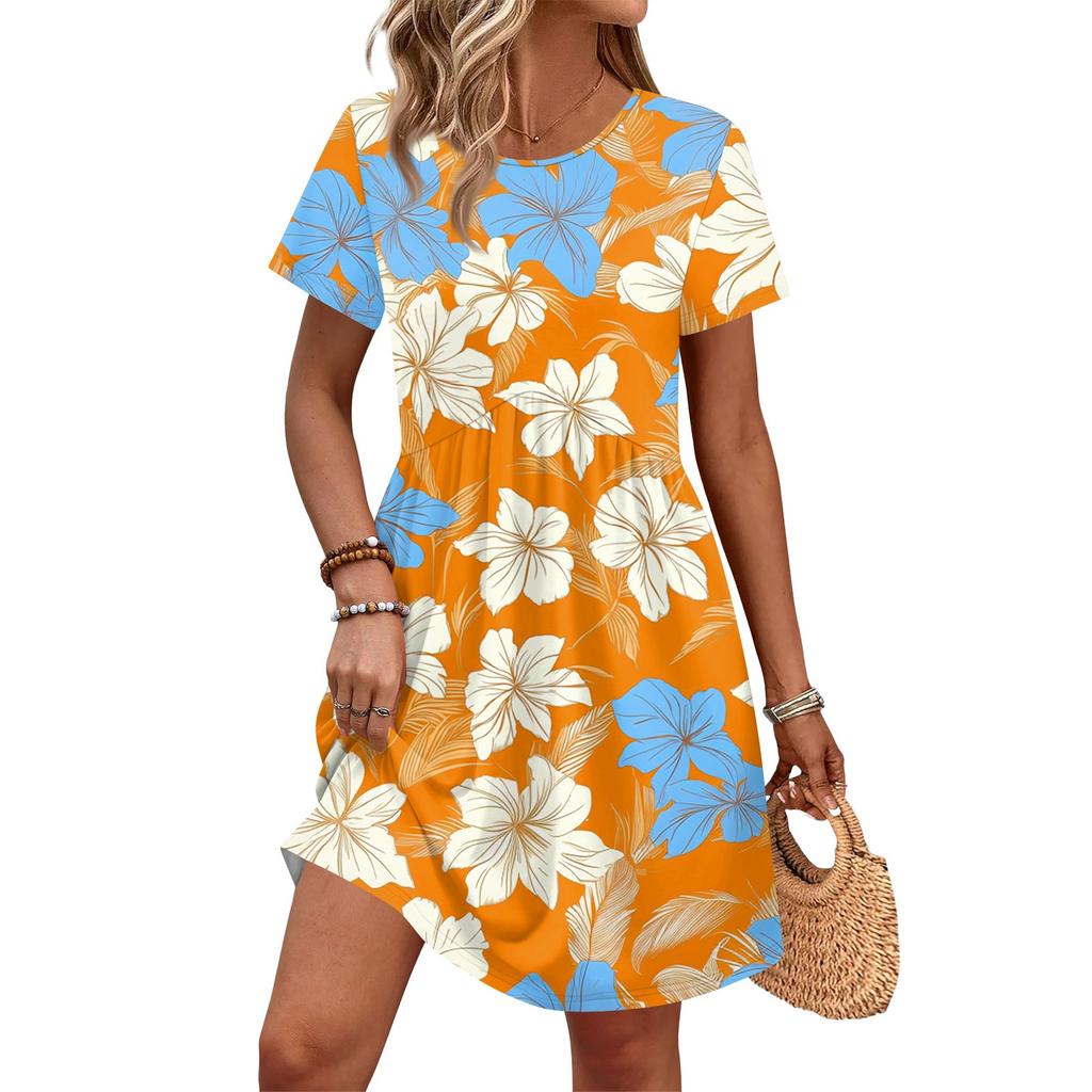 Dresses For Women Short Sleeve Print Round Neck Casual Dresses Waist Dress With Pockets