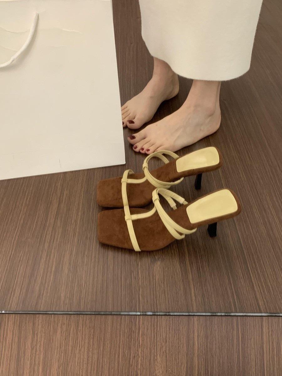 

Премиальные шлепанцы с открытым носком и квадратным мысом, женские летние, для улицы, с темпераментным красивым тонким каблуком, босоножки на высоком каблуке 35 жёлтый