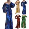 Women Evening Dress Off Shoulder Rhinestone Decor Pleated Long Lantern Sleeve Split
