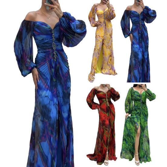 Women Evening Dress Off Shoulder Rhinestone Decor Pleated Long Lantern Sleeve Split
