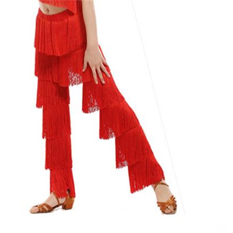 Damen Tanzbekleidung Elastischer Bund Quaste Latein Tanzhose Tango Cha-Cha Auftrittskostüm Mehrlagige Fransenhose L rot