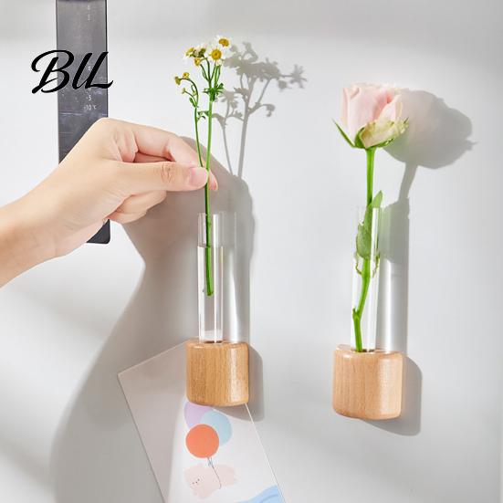 Glass Test Tube Planter Fridge Magnet Vase Clear with Wooden Base Non-drill Magnetic Mini for Flowers Herbs Refrigerator Kitchen Decor Decoration