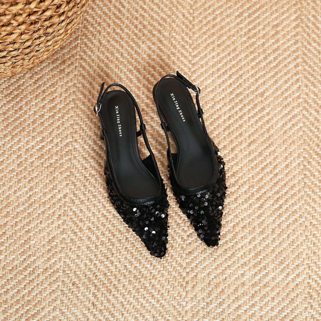139-8 Silberne paillettenbesetzte spitze Dameneinzelne Schuhe mit niedrigem Absatz neue feenleichte Mund hinten leer flachsohlige einzelne Schuhe Bankett Damenschuhe