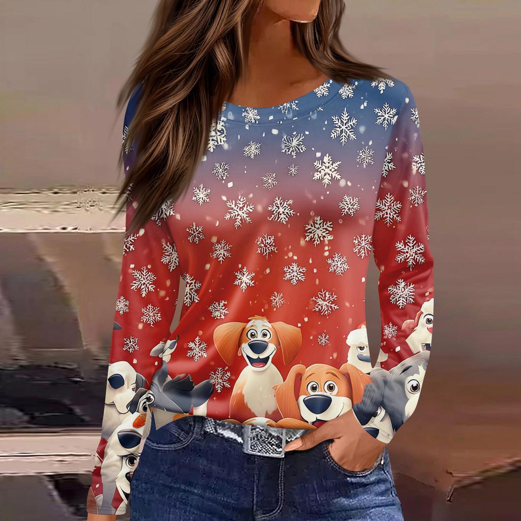 Women's Fashion Casual Slit Hem Round Neck Long Sleeve Loose Christmas Printed T-Shirt Ladies Top