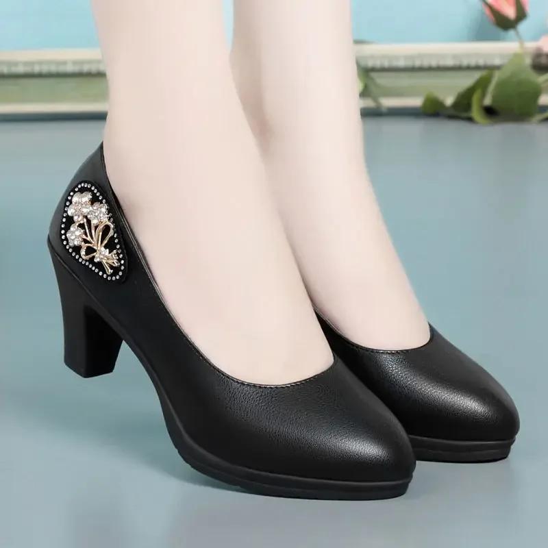 Fashion Comemore Office Square Heel Shoes Spring 2025 Lady Fashion Comfy Shoes Zapatos De Mujer Women Red Sweet Black Pu Leather Pumps