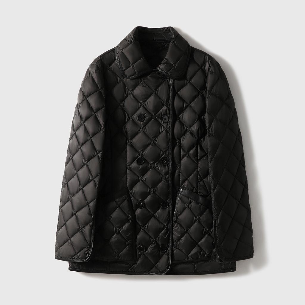 Double-breasted rhombus white goose down jacket women's high-end women's clothing short medium and long Pinghu winter goose down clothing