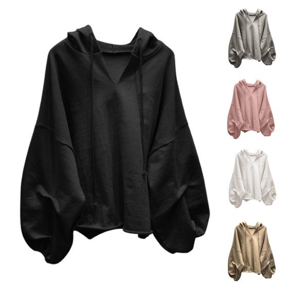Felpa con cappuccio a tinta unita con coulisse Manica a pipistrello Autunno Scollo a V Donna Streetwear
