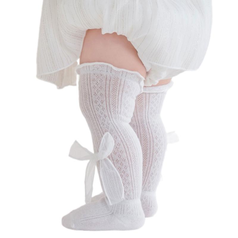 Kids Lace Pattern Over Knee Stockings Soft Combed Cotton Summer Thin Style Beige Color For Daily Wear