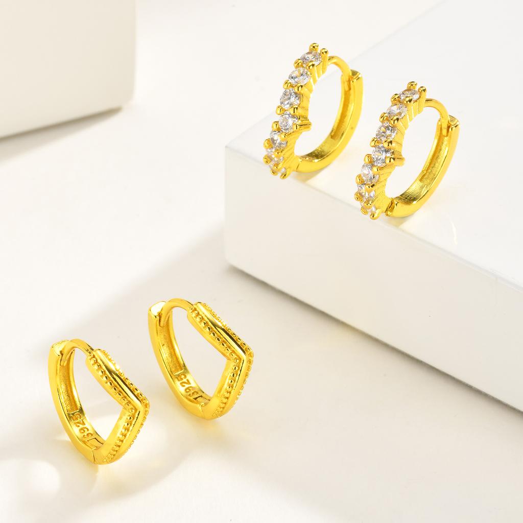 Gold Plated V-Shaped Zircon Huggie Hoop Earrings,  Small Paved Fashion Korean CZ Geometric Lightweight Minimalist Ear Jewelry