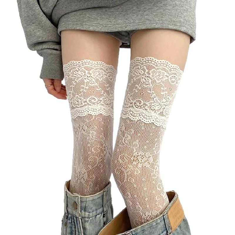 Women Sexy Lace Floral Fishnet Stockings JK Lolita Thigh High Socks Mesh Breathable Over The Knee Stockings for Ladies