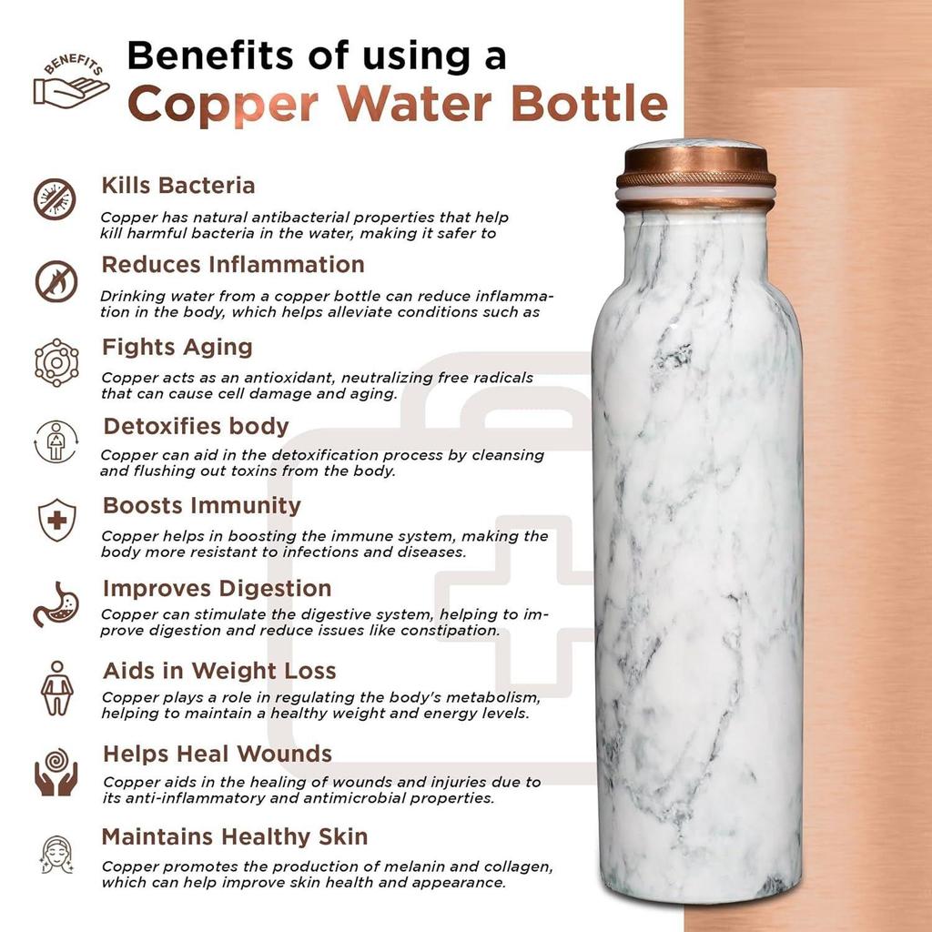 Copper Water Bottle 1 Litre Alkaline and Anti Oxidant 100% Leak Proof, Office,Modern Tamba Bottle   (White Natural Marble)