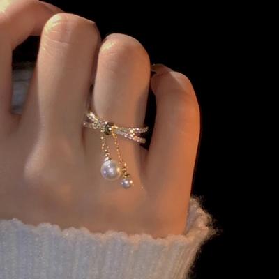 Real Gold Electroplated Zircon Staggered Double-layer Open Ring High-grade Pearl Fringed Versatile Index Finger Ring New Wholesale