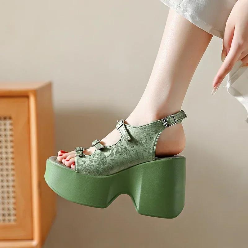 Roman Slope Heel Sandals for Women 2024 Summer New Hollow Thick  Open Toe Casual One Line Buckle High Shoes Sandalias Mujer 2024