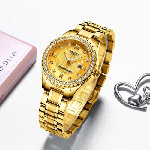NIBOSI Women's Diamond Wristwatch, Waterproof, Analog Quartz Movement, Stylish, Casual, Business, Classic, Date Display, Fluorescent Gold, Stainless S