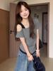 Korean Color Block Off-Shoulder Slimming Patchwork T-Shirt for Women