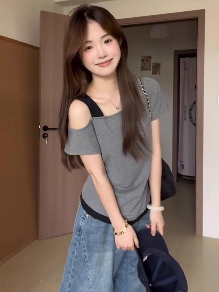 Korean Color Block Off-Shoulder Slimming Patchwork T-Shirt for Women