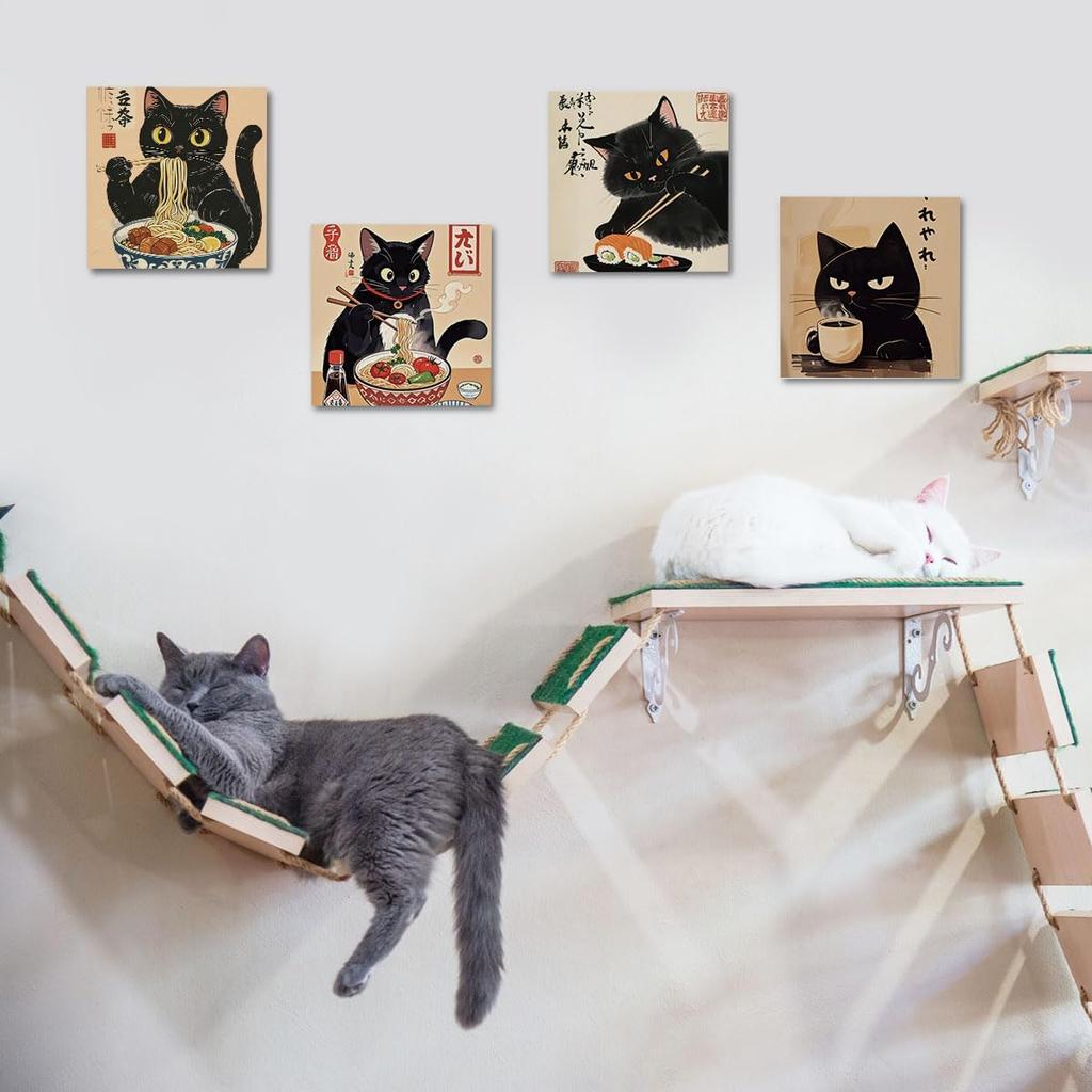 4 PCs Kawaii Japanese Ramen Cats Canvas Wall Art Framed Wall Decor, Cat Lover Gifts, Cat Themed Gifts Art Prints Paintings, Pictures Home Decor for