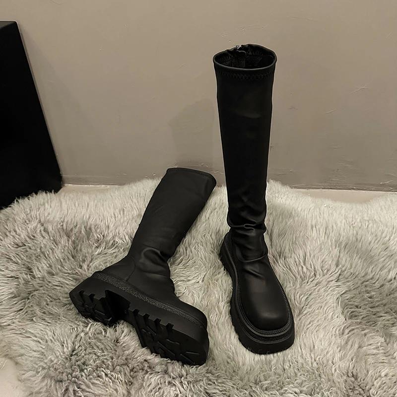 High Heeled Knee Length Boots for Women's Winter New Thick Soled Shoes, Square Toe Suede Women's Fashion Boots