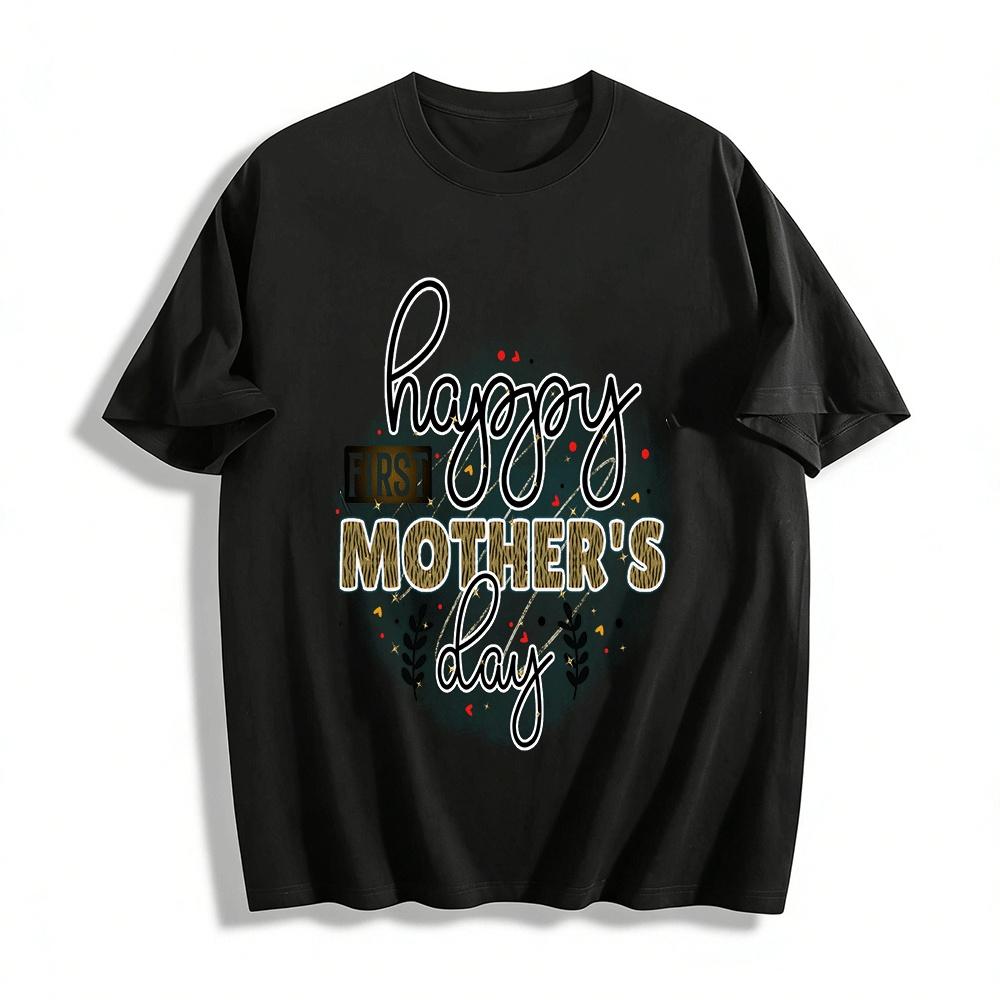 Happy First Mother's Day Leopard Print Casual Short Sleeve T-Shirt Pure cotton T-shirt