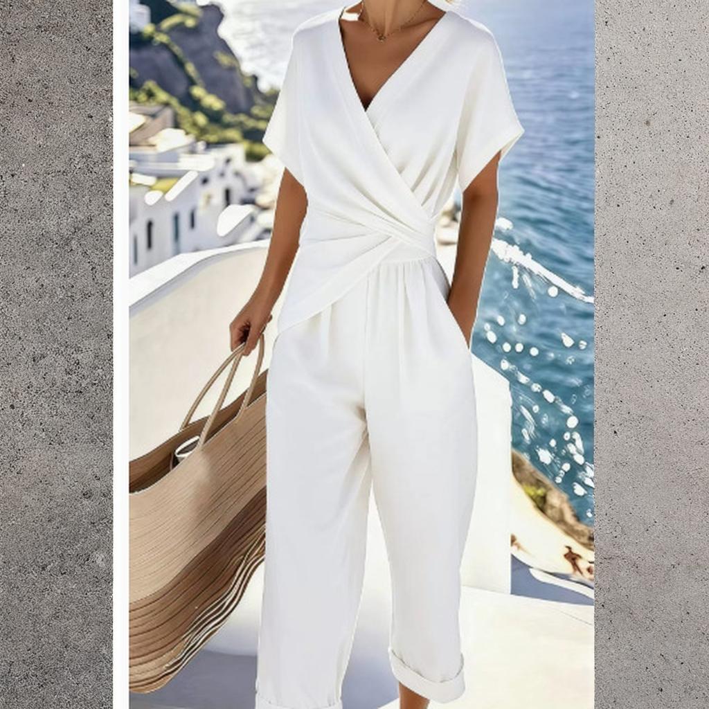 Women’s Short Sleeve Irregular Hem Two Piece Set V Neck Wrap Top and Cropped Pants Casual Outfit for Daily Wear