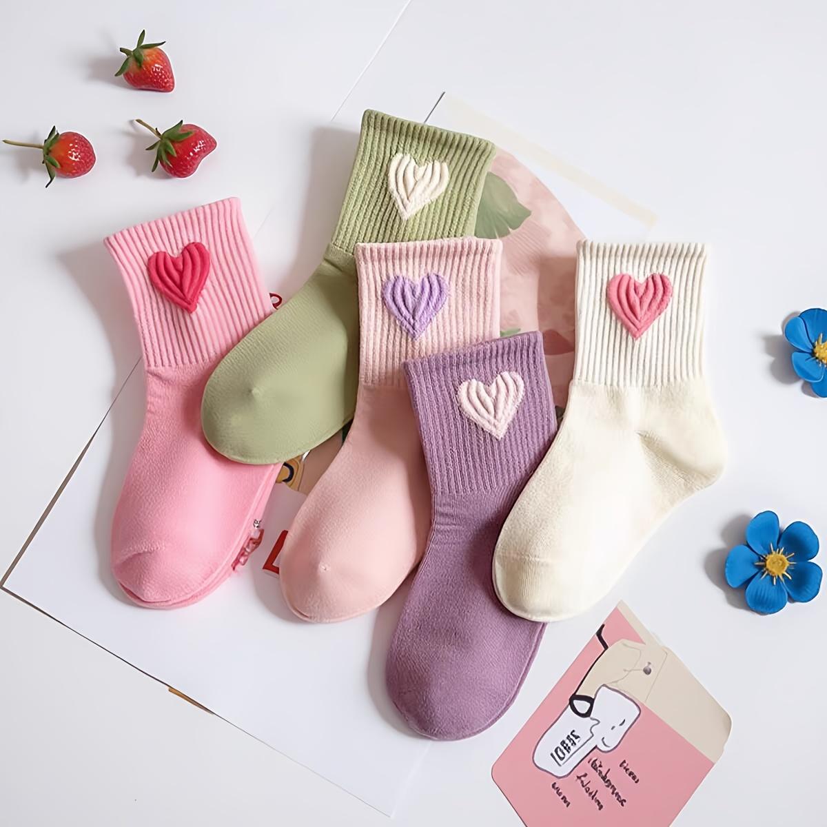

5 Pairs Kids Cartoon Heart Stripe Socks, Polyester Spandex Knit Fabric, for Girls, Student Dance, Spring Summer Autumn XL/9-14 Years
