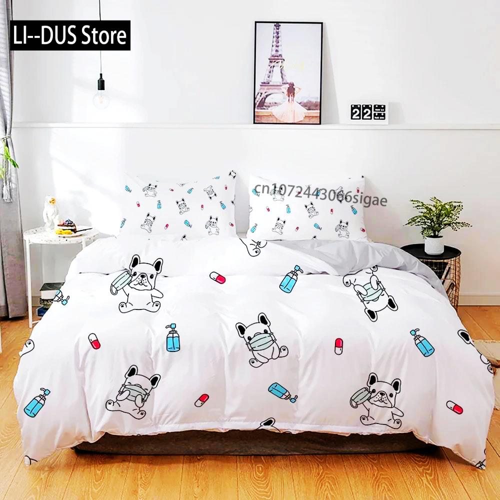 3D Hunde Bettwäsche Set Niedliches Französische Bulldogge Welpe Bettbezug Sets Cartoon Bettdecke Haustiere Heimtextilien Queen 2/3Stk. King Full
