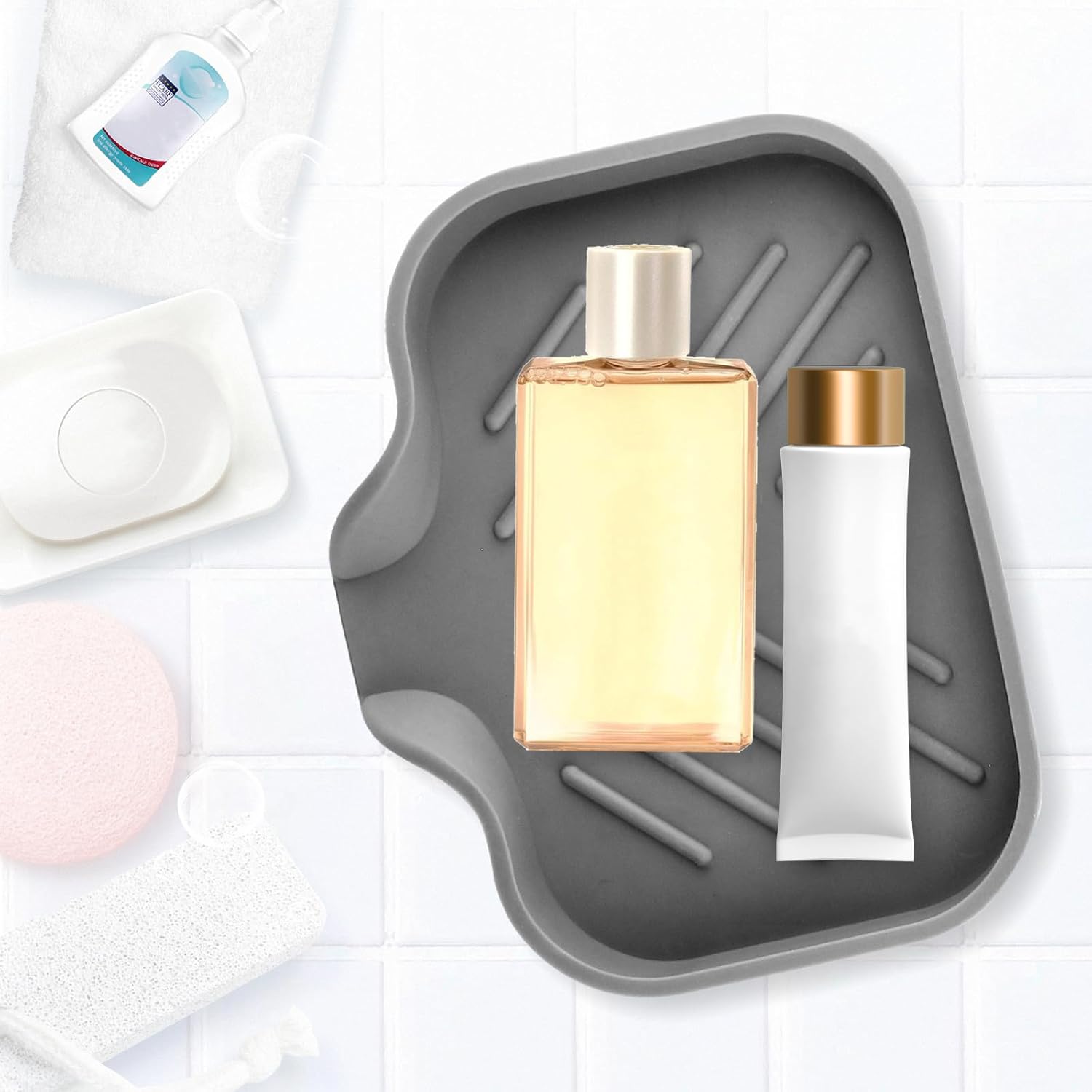 Hordion 1Pcs Grey Silica Gel Self Draining Soap Tray, Sponge Soap Holder Sink Accessories, Drain Soap Dish for Sink, Bar Soap, Dish Soap Bottle,