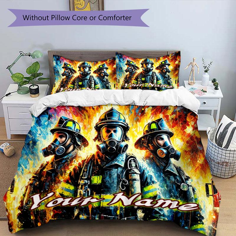 3PC Custom Name Firefighters Flames Bedding Set Duvet Cover Closure Includes 1 Duvet Cover & 2 Pillowcases for Bedroom